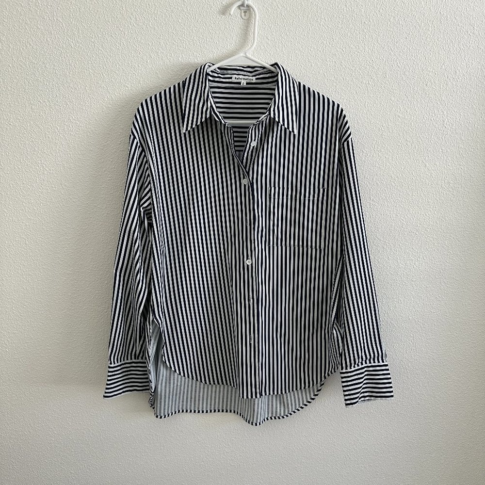 Reformation Navy and White Striped Shirt Size Small